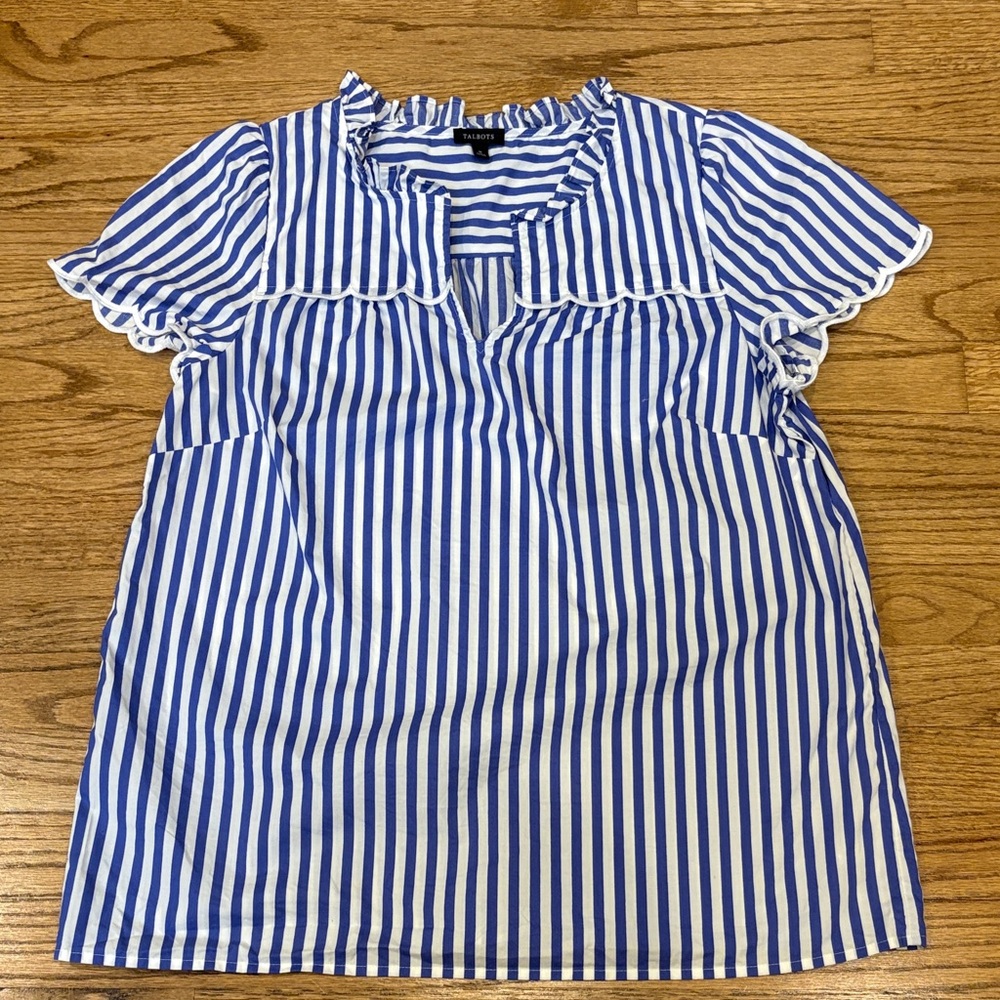 Talbots Blue & White Striped Ruffle-Trim Blouse